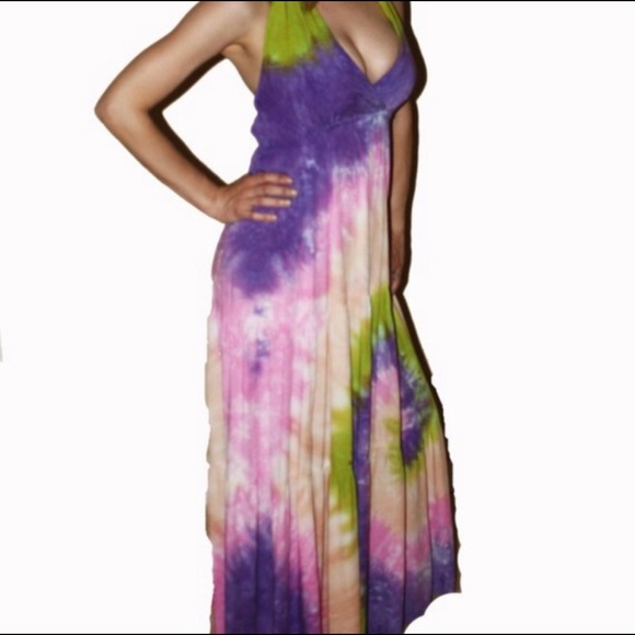 ✌️Hand Made✌️ Bohemian Tie Dye Halter Maxi Dress - Picture 2 of 7